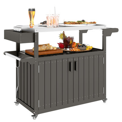 Outdoor Bar Cart, HDPE Outdoor Kitchen Cabinet Bar Table w/ Wheels,wood