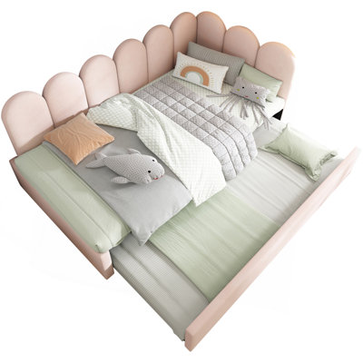 Upholstered Bed Daybed With Pull-Out Bed, Twin Size Single Sofa Bed,Guest Beds For Adults And Children, Bed With Metal Slatted Frame, Velvet, Pink (Without Mattress)