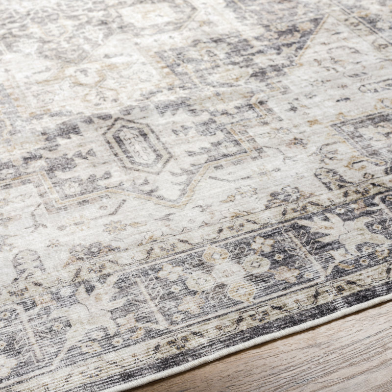 Tapis oriental en polyester tissé à la machine en gris foncé / beige Mittler, Rectangle 3 pi 6 po x 5 pi 6 po