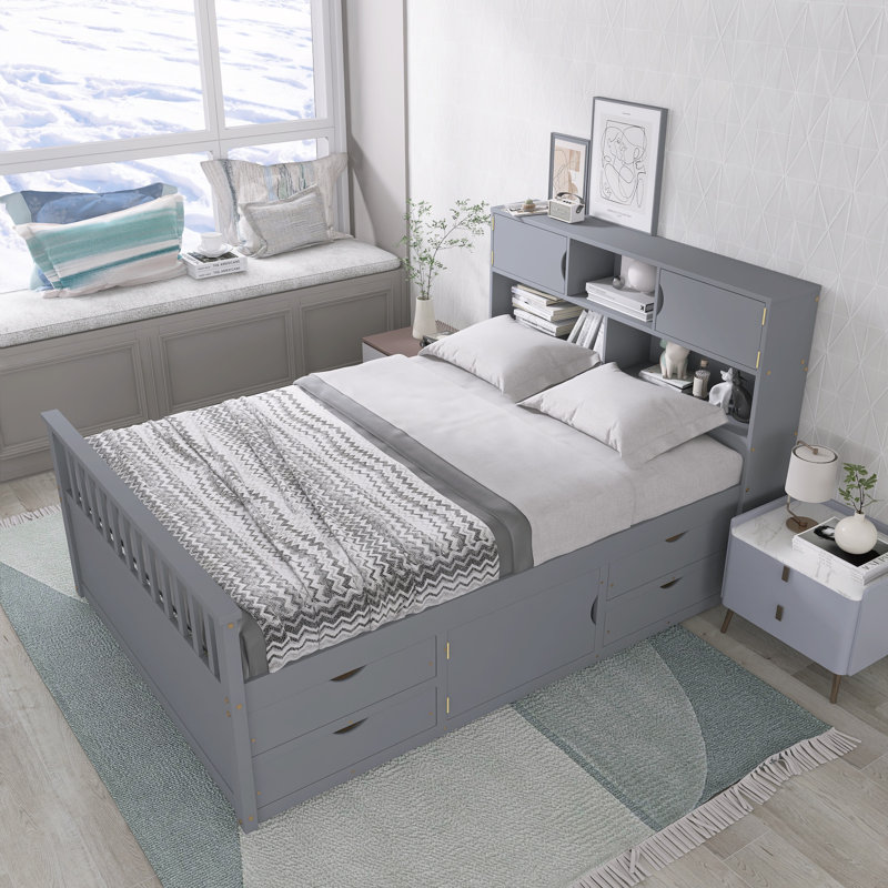 Full Size Platform Bed With Storage Bookcases & 4 Drawers, Gray