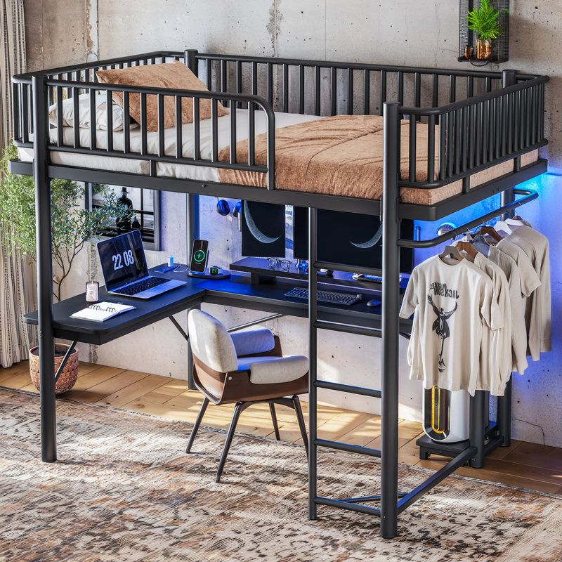 Lit mezzanine en métal avec bureau en L Brenza, Lit double, Black
