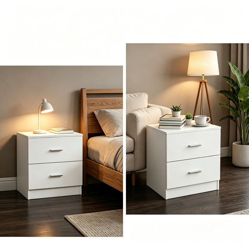Set of 2 Modern White Bedside Tables, Engineered Wood Nightstands with 2 Storage Drawers, Accent End Table for Bedroom & Living Room