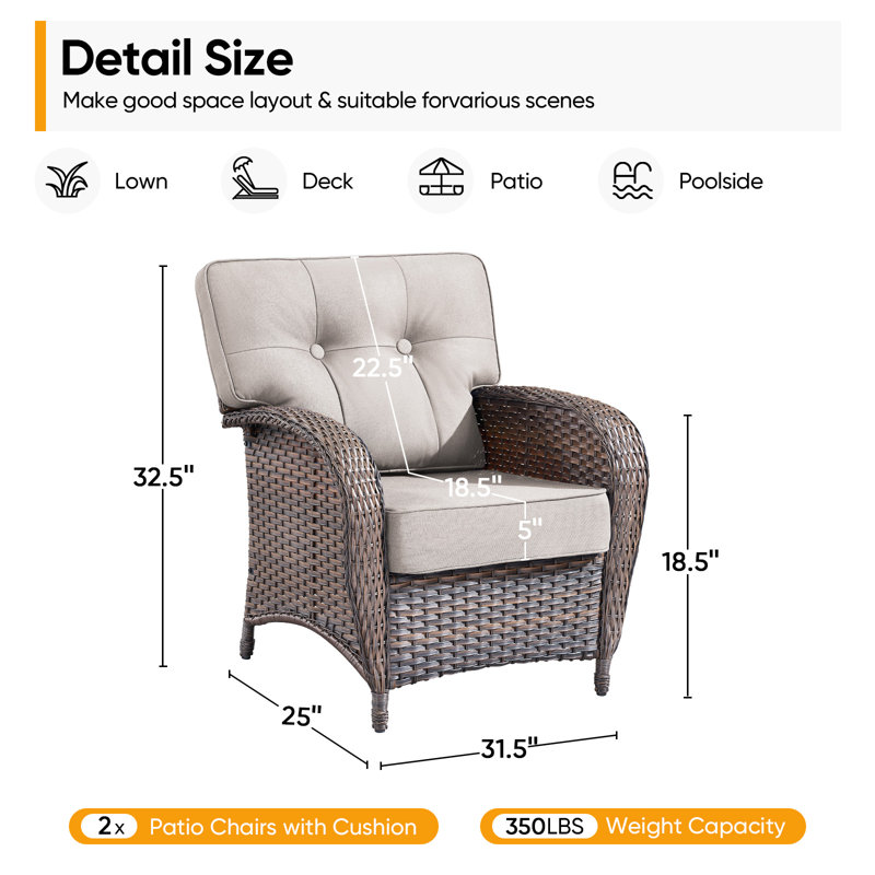 Chaise longue d'extérieur en osier Fiorillo avec coussins de patio épais de 5 po (ensemble de 2), Beige
