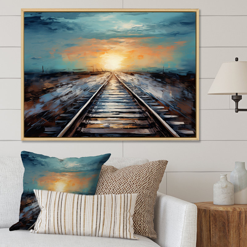 Peach Train Track Serene Railways - Transportation Wall Art Prints, Cadre naturel flottant, H 16 po x l 32 po x P 1 po