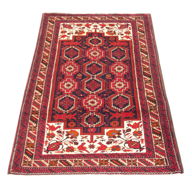 Tapis unique en laine noué à la main 3 pi 7 po x 6 pi 9 po nouvel âge Coryn - rouge / bleu / crème
