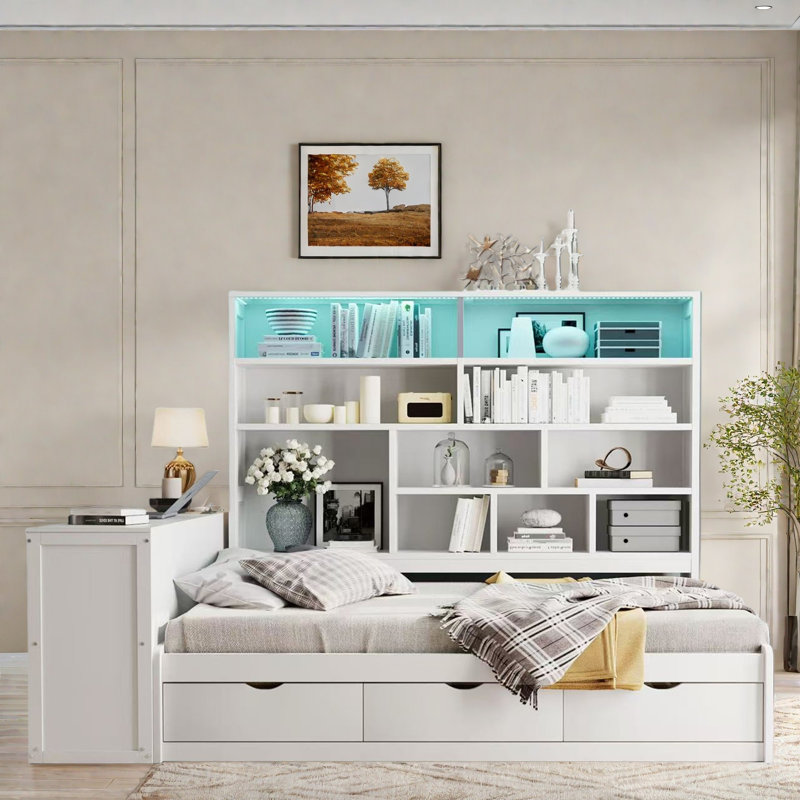 Wooden Daybed With 3 Drawers, Desk, Open Shelves, Lights And Charging Station, White