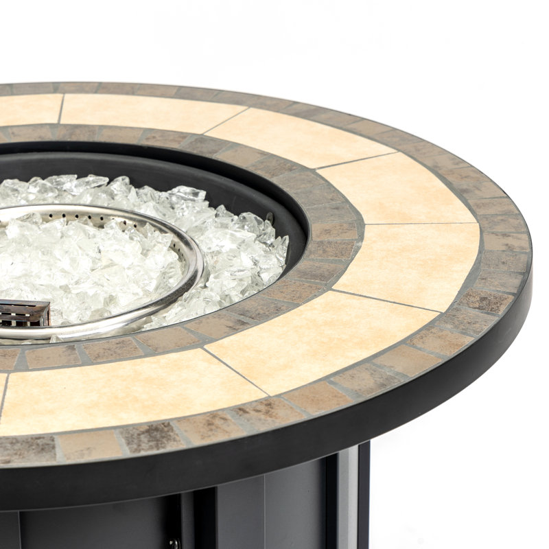 Outdoor Round Steel Propane Fire Pit Table - 26" H x 30" W, Mosaic Tabletop, Metal Lid, Glass Rocks & Hideaway Gas Tank Area