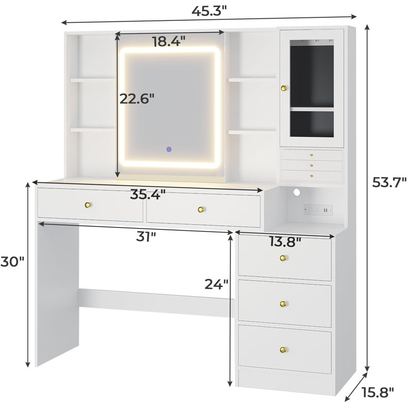 Carrelli  Makeup Vanity Desk with Charging Station & 3-Layer Jewelry BoxSliding Lighted Mirror、8 Necklace Hooks & 5 Drawers & Shelves