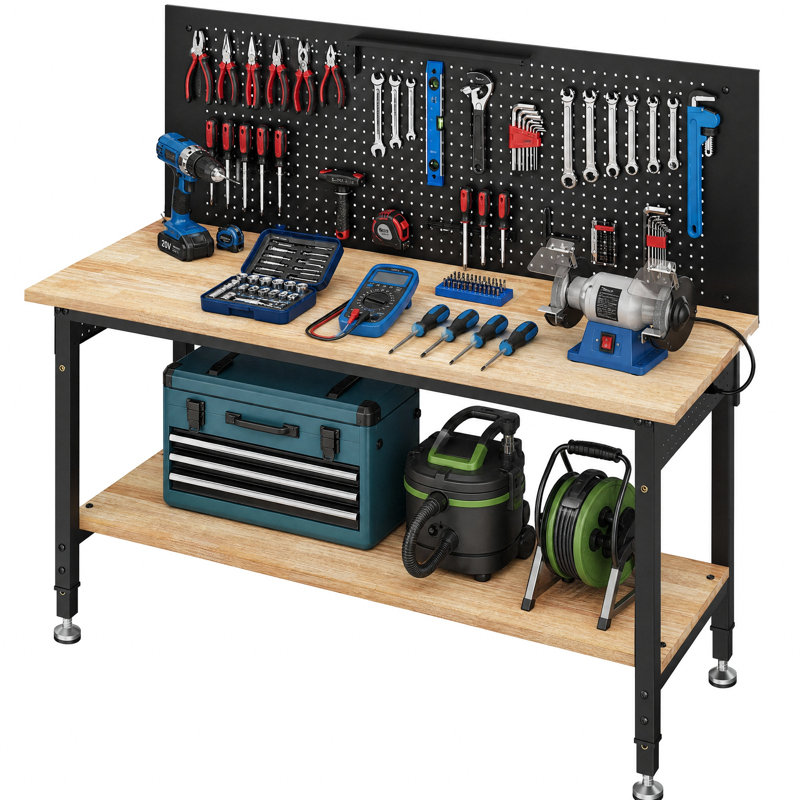 60" Multifunctional Heavy Duty Workbench For Garage With Pegboard,2000lbs Load,adjustable Height,led Light,rubberwood Tabletop