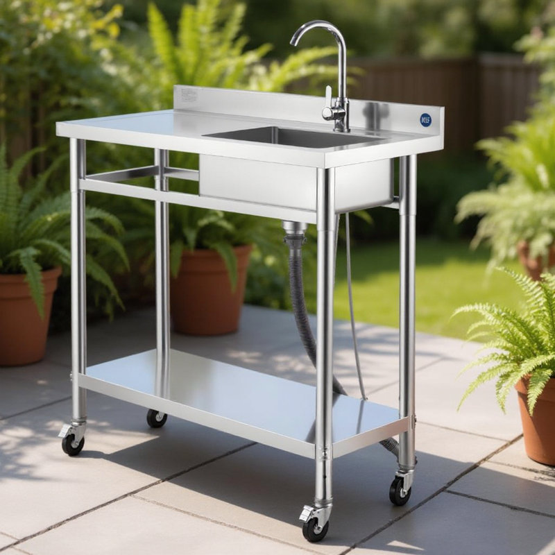 Kitchen Laundry Mobile Single Basin Workbench Stainless Steel With Complete Water Faucet Assembly
