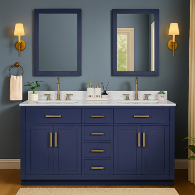 Meuble-lavabo double 60 po avec tiroirs, tablette, prise de courant et plateau en marbre d'ingénierie