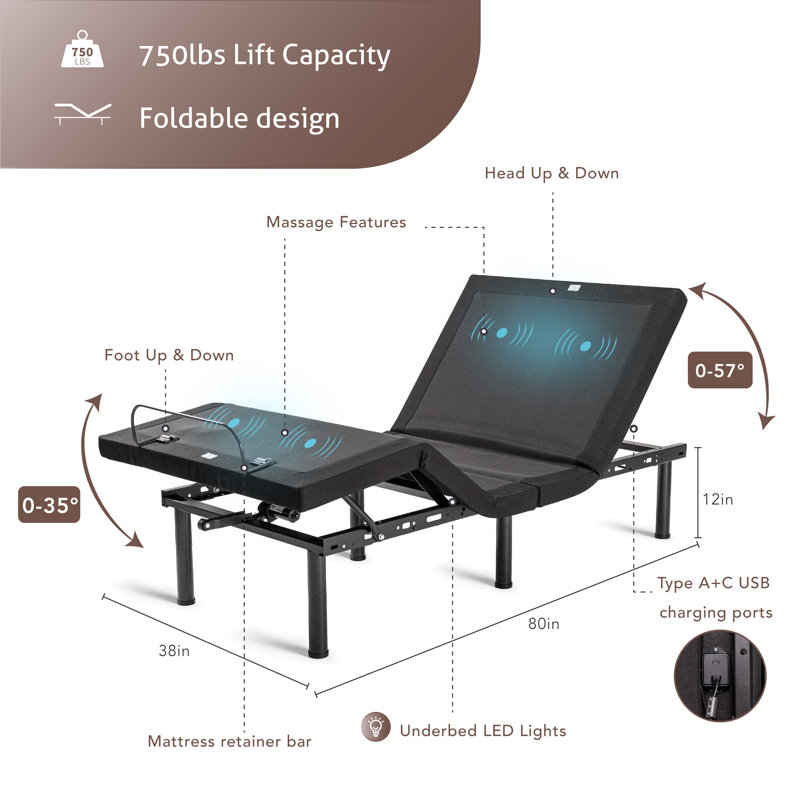 EGOHOME 15" Massaging Zero Gravity Adjustable Bed With Wireless Remote and USB Ports & Massage-APP Head & Foot Incline, Queen