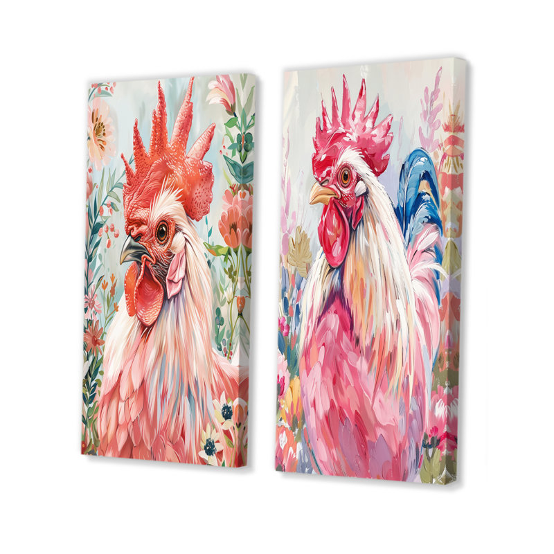Ensemble de 2 pièces d'art mural coq rouge et vert, Ne s’applique pas, Toile tendue sur cadre, H 28 po x l 24 po