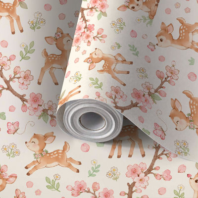 Peel and Stick Wallpaper Contact Paper Cute Baby Deer Cherry Blossom Self Adhesive and Removable 24in x 118in(60x300cm)