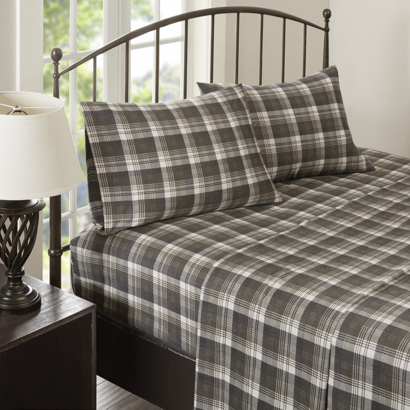Woolrich 100% Cotton Flannel Sheet Set, California King Sheet Set with 2 Pillowcases, Brown Plaid
