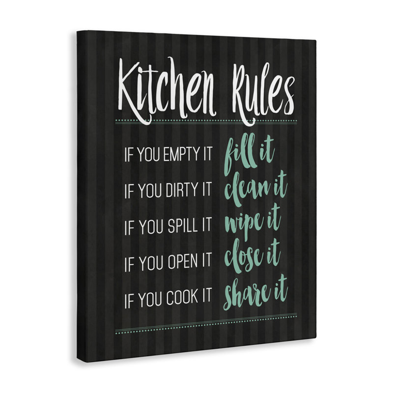 «Kitchen Rules» sur toile noire et verte, design par lettré et doublé, H 30 po x l 24 po