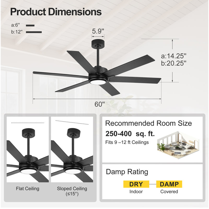 48"/56"/60" 6 - Blade Indoor Farmhouse Ceiling Fan with Lightless,Reversible DC Motor, 6-Speed Remote Control, 60" Wide, 6