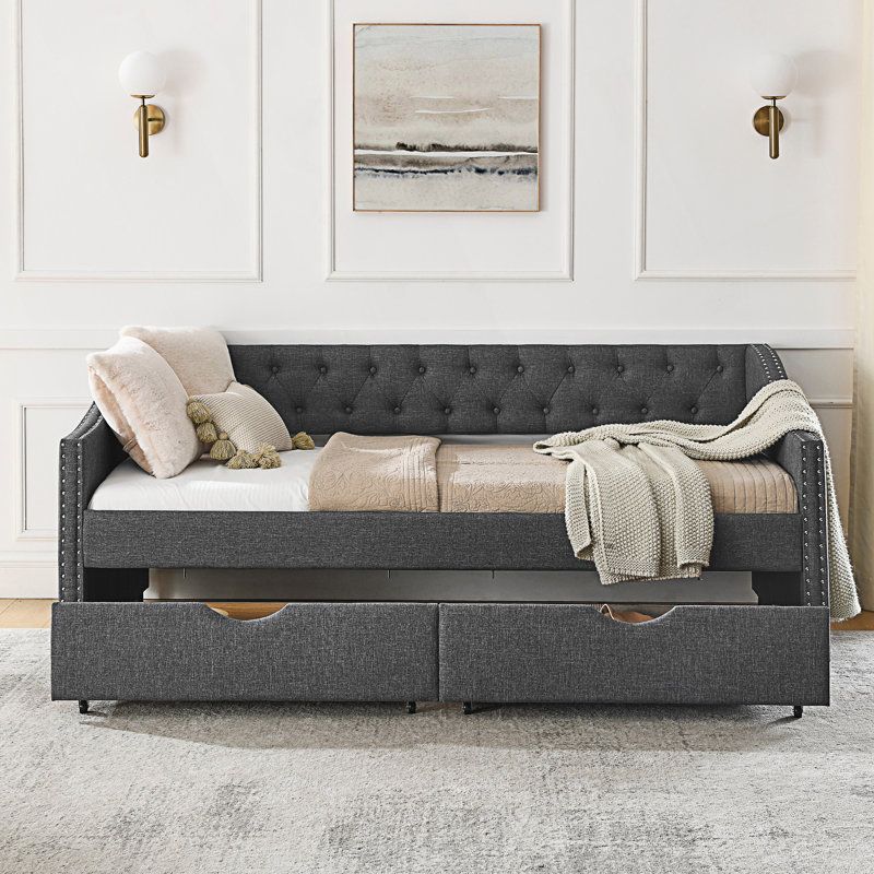 Modern Twin Size Daybed With Drawers, Upholstered Tufted Sofa Bed With Tufted Back, Twin, Dark Gray