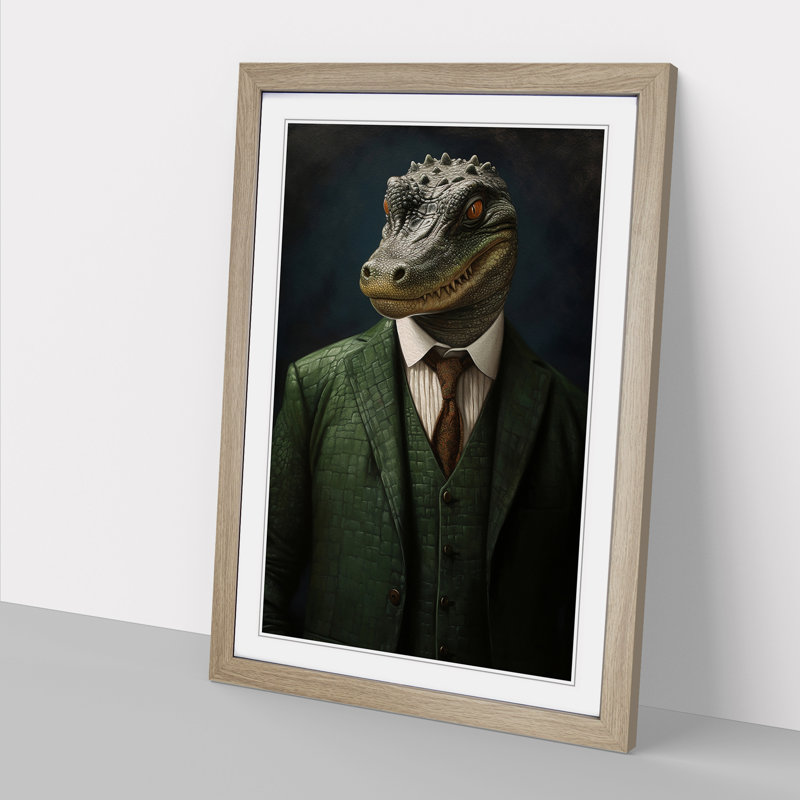 Crocodile In A Suit Painting No.2 - Single Picture Frame Print on Wood, Oak Framed, 34cm H x 25cm W