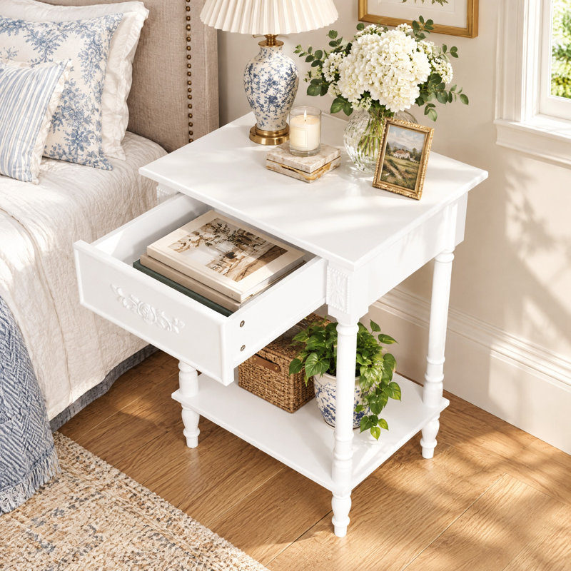27" H Nightstand with 1 Drawer, Open Shelf and Raised Legs, White