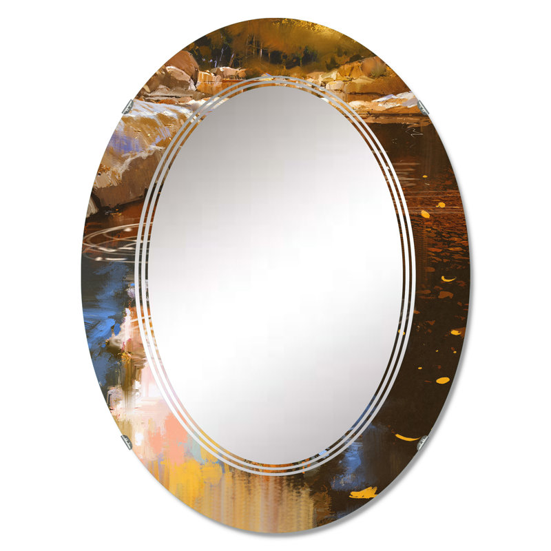 River River avec pierres dans la forêt d'automne - Miroir mural ovale, 30 po x 20 po