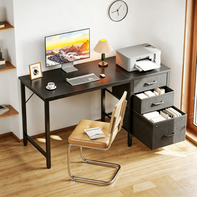 Bureau réversible 40 po à 3 tiroirs avec crochets, bacs de rangement en tissu pour bureau personnel, noir
