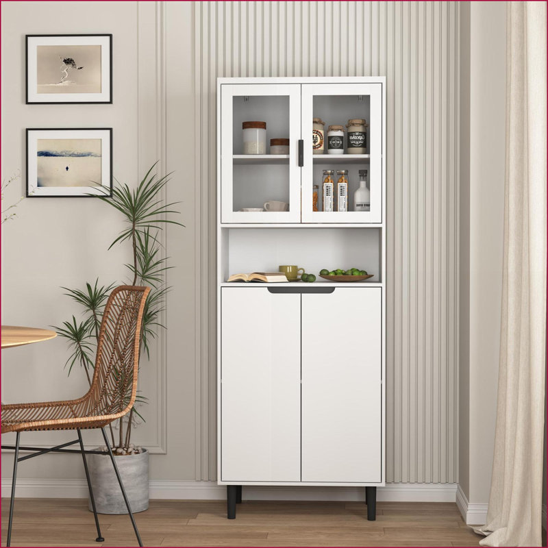 4-Door Tall Storage Bookcase with Tempered Glass, Adjustable Shelves | White MDF Engineered Wood