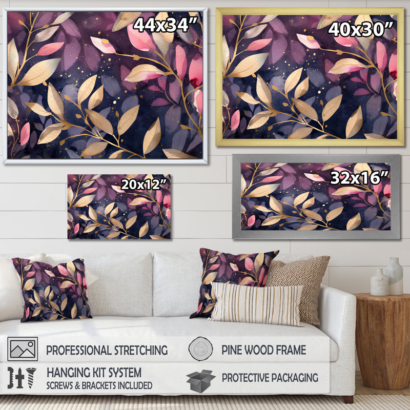 «Purple Gold Leafs Harmony» sur toile, H 34 po x l 44 po x P 1,5 po, Encadrement doré
