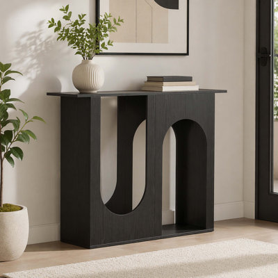Console à double arche découpée en grain de bois noir, canapé de vestibule étroit minimaliste moderne avec un coin de présentation encastré pour le style petit vestibule et salon