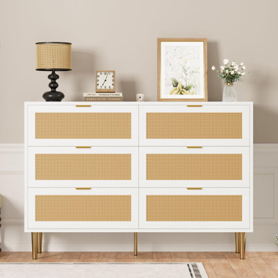 Commode 6 tiroirs en rotin pour chambre à coucher, commode bohémienne avec pieds en métal