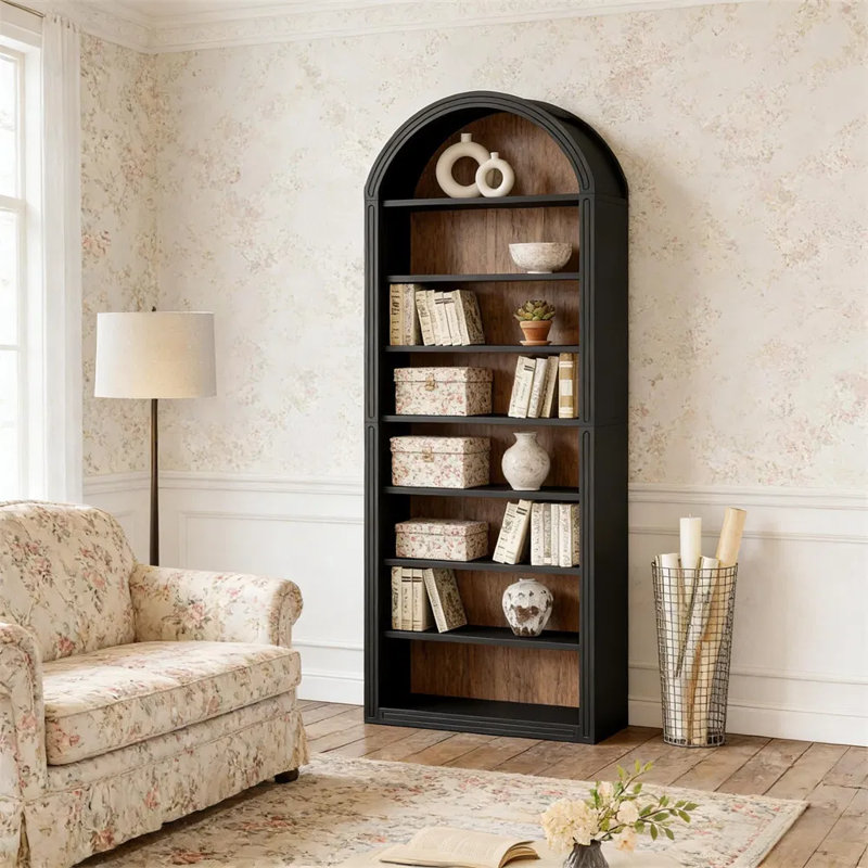 Bibliothèque arquée à 8 niveaux - grande bibliothèque moderne ouverte à deux tons en bois, armoire de rangement avec dossier fermé pour le salon, la chambre à coucher, le bureau, la bibliothèque