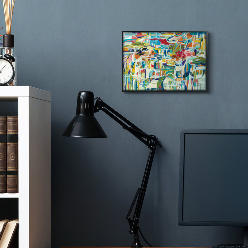 «Bright Complex Curved Abstractions», formes bleues et vertes - impression, Cadre noir, H 11 po x l 14 po