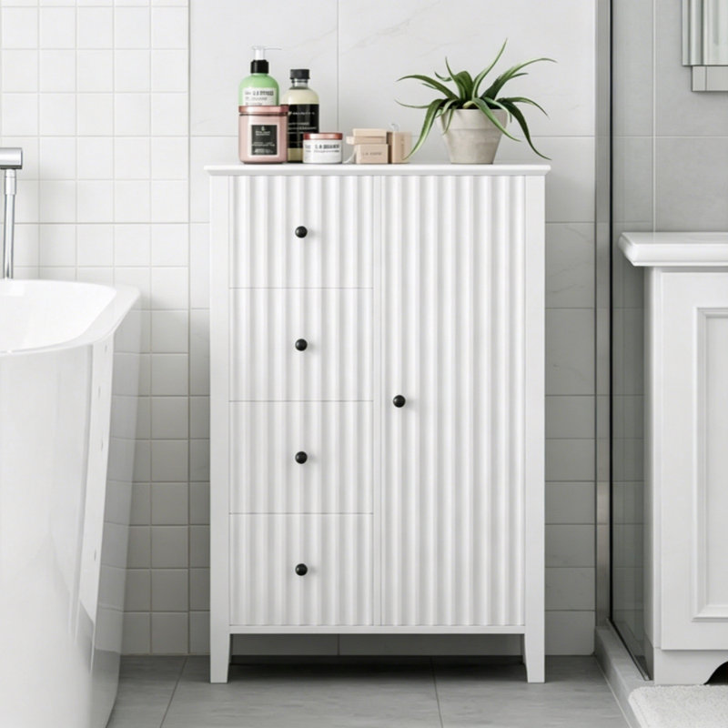 A Modern White Freestanding Bathroom Cabinet With 4 Drawers And A Door, Made Of Artificial Composite Material