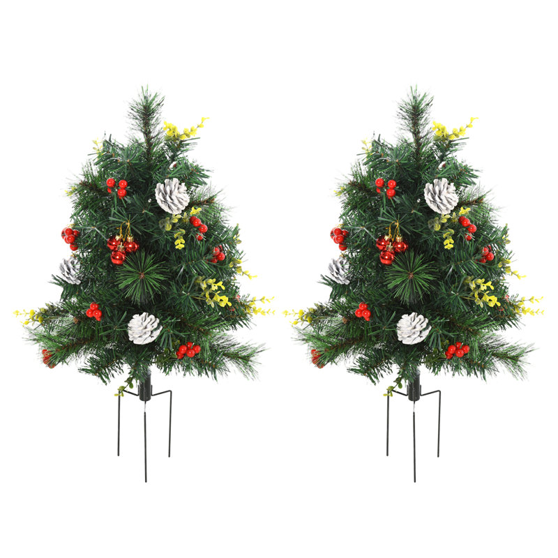 Paquet de 2 sapins de Noël artificiels d'extérieur sans cordon avec 24 lumières et piquets blanc chaud