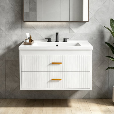 24 Inch Floating Bathroom Vanity with Sink & Drawers – Wall Mounted Modern Vanity Cabinet, White Resin Sink Combo, Soft-Close, Water-Resistant Bathroom Cabinet White