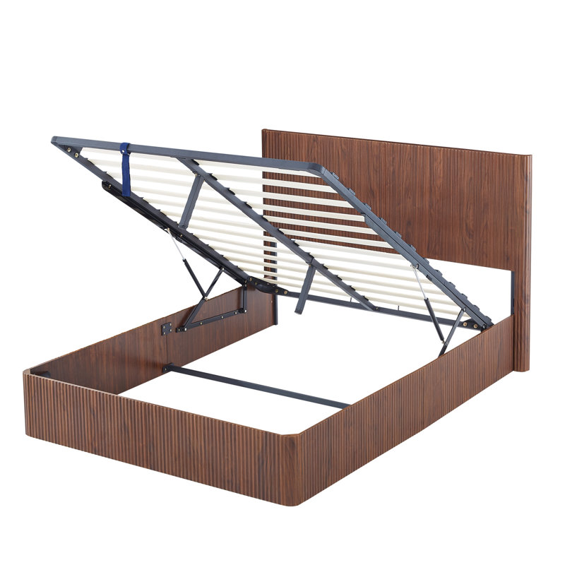 Structure de lit avec rangement relevable, lit en bois pour chambre à coucher, Walnut