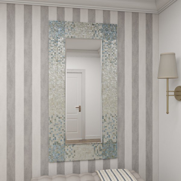 Mother of Pearl Shell Handmade Mosaic Room Wall Mirror with Blue Corners, 70.13"  x 35.5" 