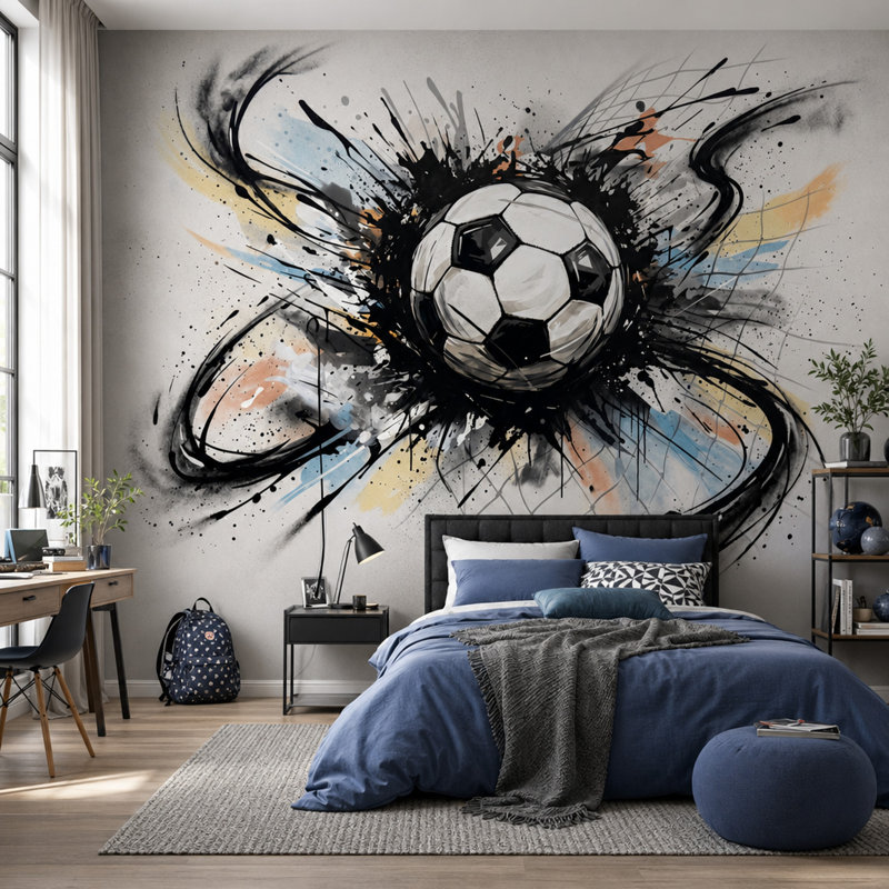 Papier peint ballon de soccer encre éclaboussure dynamique, 100 po x 96 po, Peler et coller