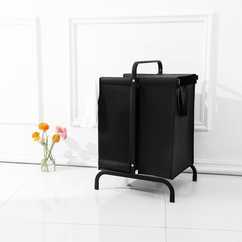 Panier à linge noir en tissu de 110 litres avec couvercle, cartes de tri pour le linge, rangement