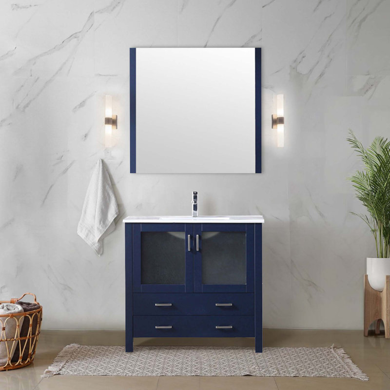 Dessus de meuble-lavabo en céramique, ensemble de robinet et miroir, Bleu