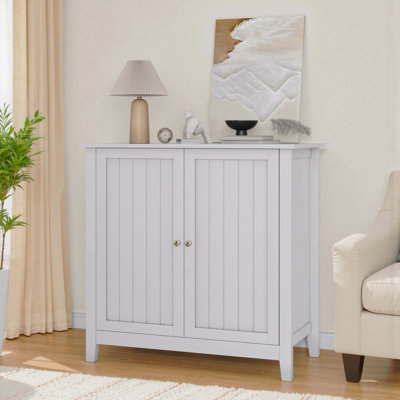 Armoire de rangement autoportante de style moderne Mid-Century, double porte avec boutons argentés