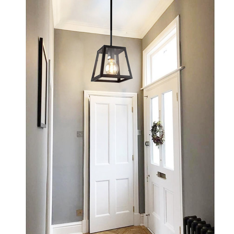 7-Inch 1 - Light Lantern Geometric Pendant Black Metal with Glass