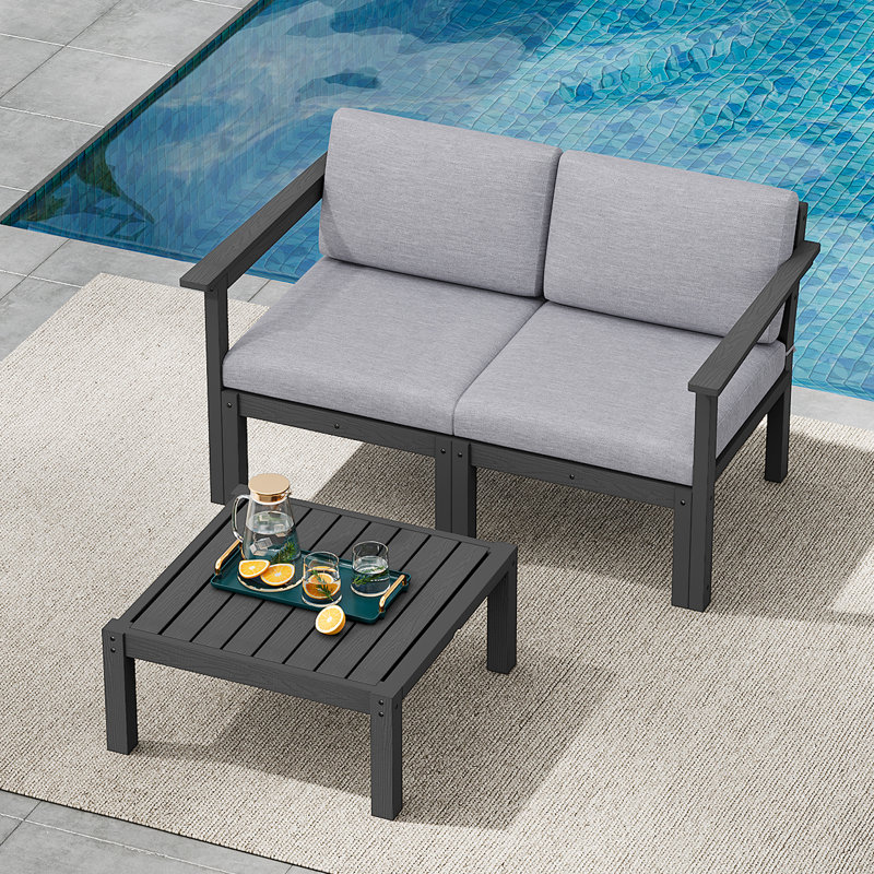 Ensemble de conversation modulaire de patio pour 2 personnes avec coussins, ensemble de conversation 3 pièces imperméable toutes saisons pour l'extérieur, noir