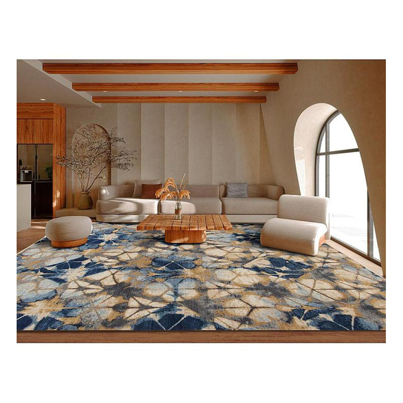 Shibori Hand Knotted Wool Area Rug in Gold/Blue/Ivory/Gray, Rectangle 8' x 10'