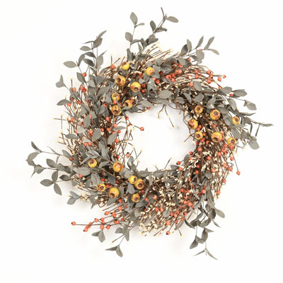 26" Artificial Large Rustic Twig Pip Berry Eucalyptus Fall Wreath for Front Door Harvest Festival Thanksgiving Halloween Décor