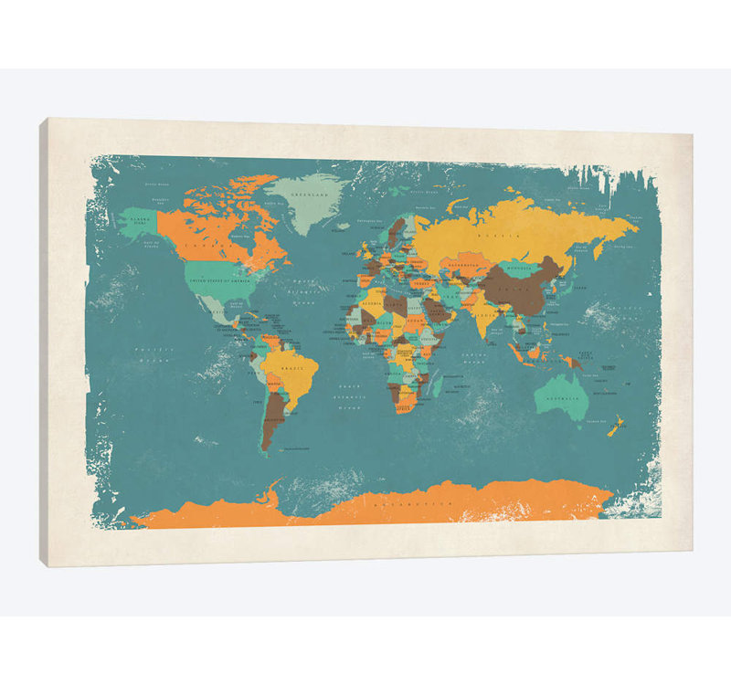 « rétro politique map of the world i » par michael tompsett, impression sur toile, H 26 po x l 40 po x P 1,5 po, Toile tendue