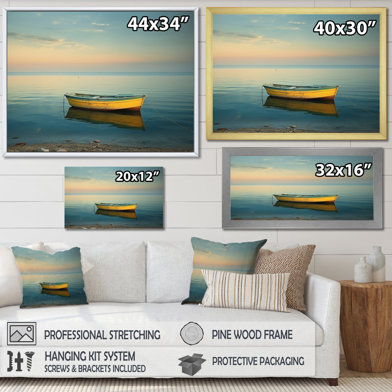 Bleu et jaune, bateau, paysage, bateau, toile, art mural, H 24 po x l 32 po x P 1 po, Cadre photo blanc