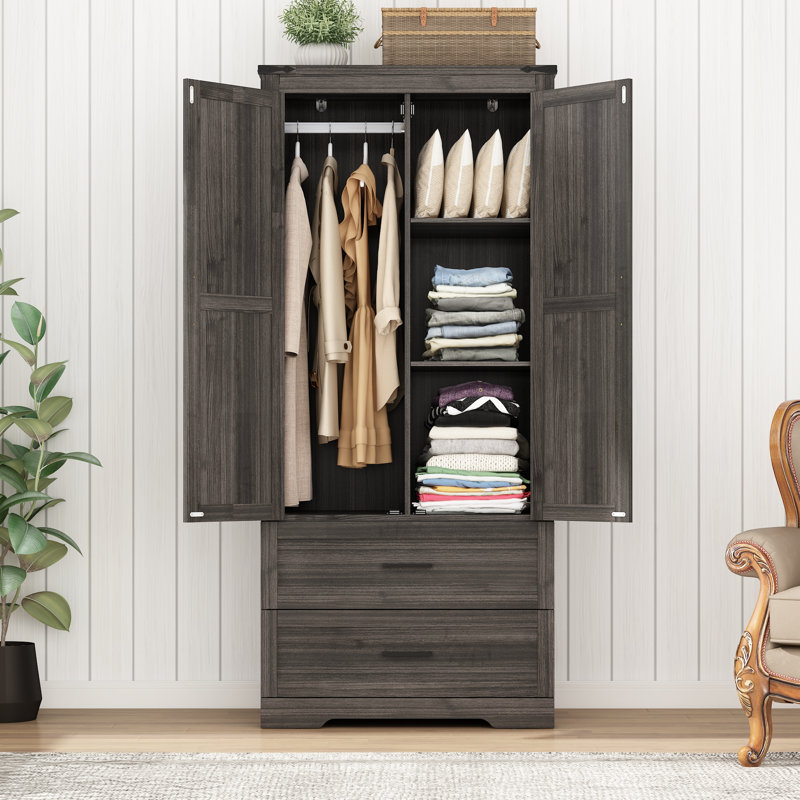 Armoire 2 portes avec 2 tiroirs et tringle, Gris