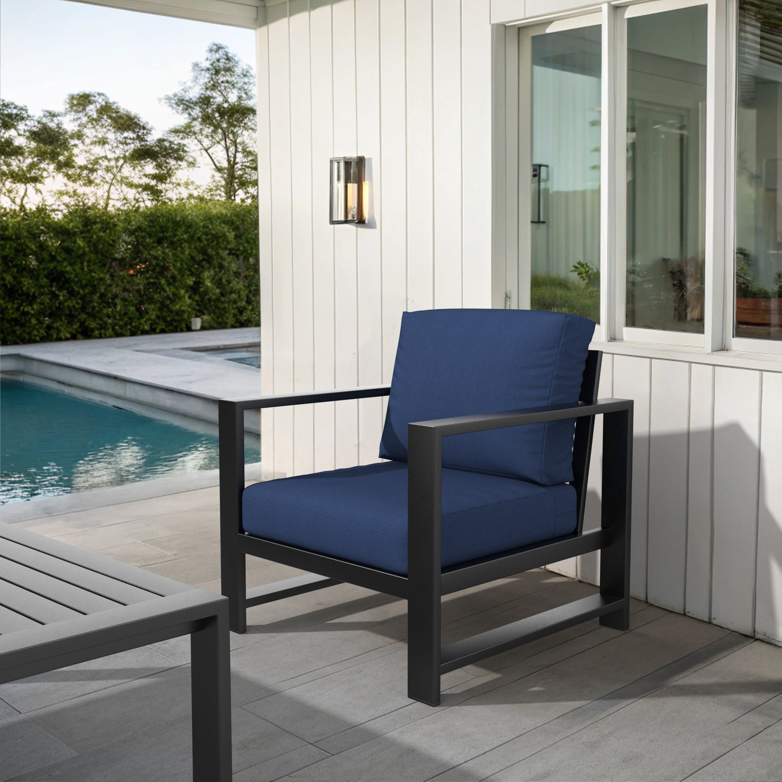 Dulcie Metal Outdoor Armchair with Sunbrella Cushions, Canvas Navy Sunbrella®