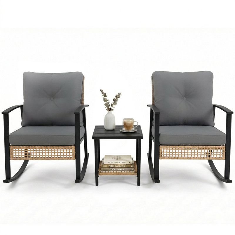 Ensemble de chaises berçantes 3 pièces en osier avec coussins et table basse pour véranda ou balcon, Grey